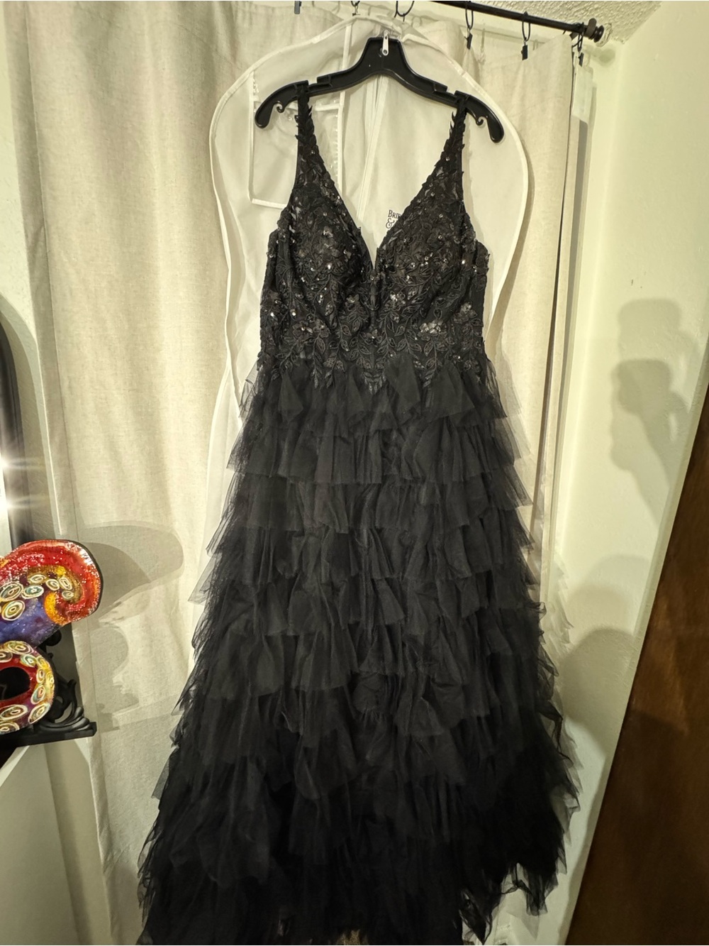 Ellie Wilde Black Beaded Lace Bodice Tiered Tulle Gown